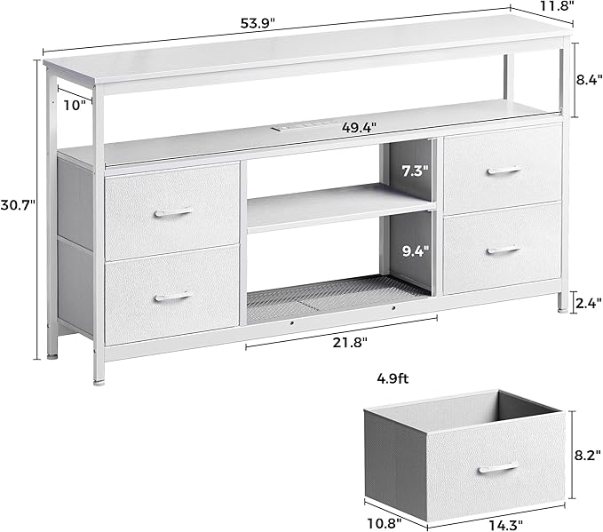 TV Stand Dresser with Power Outlets and LED Lights, 4 Drawers Entertainment Center with Shelves, 54 Inch Media Console for 55 60 Inch TV, 4 AC Outlets, 2 USBs, Dresser with PU Finish, White - LeafyLoom