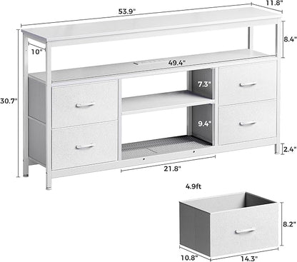 TV Stand Dresser with Power Outlets and LED Lights, 4 Drawers Entertainment Center with Shelves, 54 Inch Media Console for 55 60 Inch TV, 4 AC Outlets, 2 USBs, Dresser with PU Finish, White - LeafyLoom