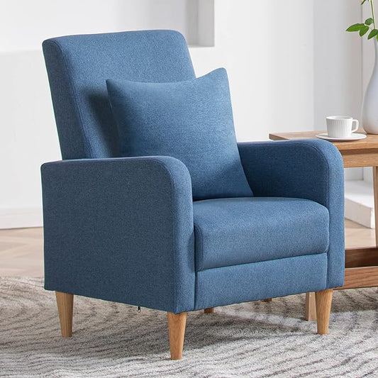 COLAMY Modern Upholstered Accent Chair Armchair with Pillow, Fabric Reading Living Room Side Chair,Single Sofa with Lounge Seat and Wood Legs, Blue - LeafyLoom