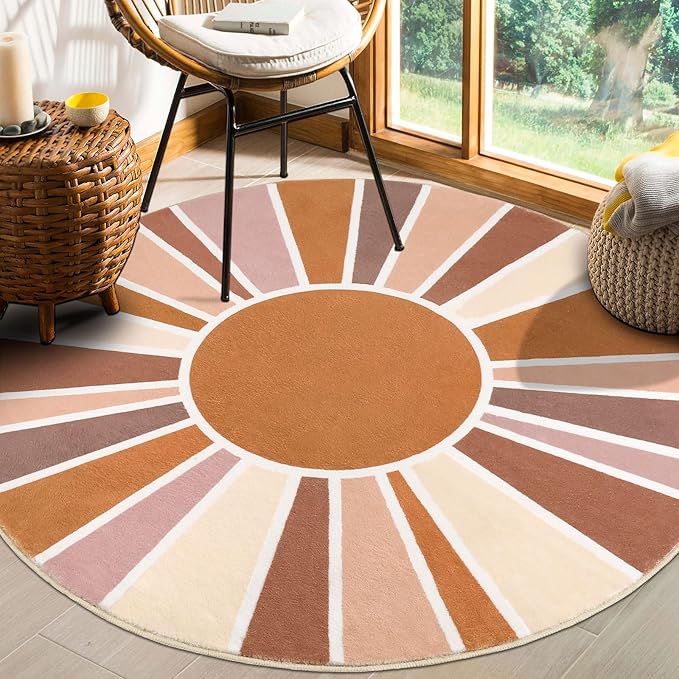 Topotdor Sun Rainbow Round Rug 5.2ft Boho Kids Nursery Rug, Colorful Washable Area Rug Ultra Soft Circle Classroom Rug Non-Slip for Bedroom Living Room Playroom Decor, Orange - LeafyLoom