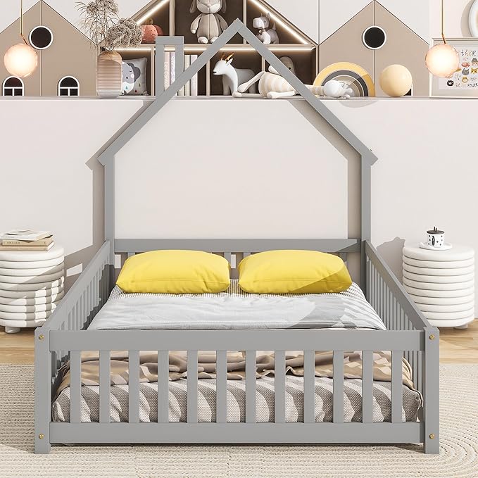 Bellemave Full Size House-Shaped Headboard Floor Bed for Kids, Montessori Floor Bed with Fence and Door,House Bed Twin Frame for Girls,Boys (Gray) - LeafyLoom