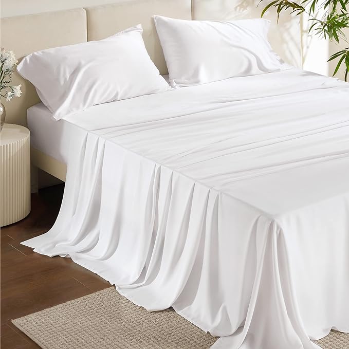 Bedsure Full Size Sheets, Cooling Sheets Full, Rayon Derived from Bamboo, Deep Pocket Up to 16", Breathable & Soft Bed Sheets, Hotel Luxury Silky Bedding Sheets & Pillowcases, White - LeafyLoom