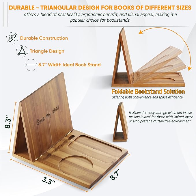 Triangle Book Holder, Book Rest, Acacia Foldable Book Nook Reading Valet, Triangle Book Stand with Cup, Pen, Glasses and Phone Holder for Bedroom, Nightstand or Office, Gifts for Book Lover - LeafyLoom