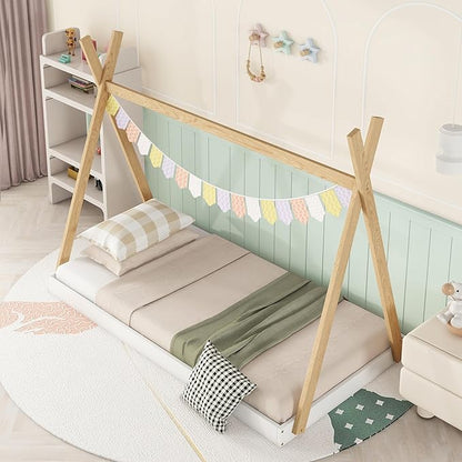 Bellemave Twin Size Tent Floor Bed Frame with Triangle Structure, Teepee Bed Platform Bed for Kids,Montessori Floor Bed for Girls Boys(Twin,White+Natural) - LeafyLoom