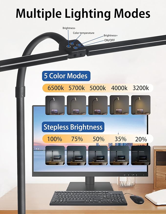 LED Desk Lamp with Remote for Home Office,24W Bright Desk Light with Clamp for Study Reading, Double Head Eye-Caring Clip on Lights,10 Dimmable Brightness, 50,000H Life Span,Desk Lamp for Workbench - LeafyLoom