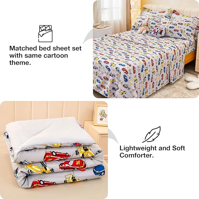 Mooreeke Full Size Comforter Sets for Boys Kids, 8 Pieces Bed in a Bag Racing Car Bedding Comforter Sheet Set with Shams and Decorative Toy Pillow, Ultral Soft Microfiber Kids Bed Set - LeafyLoom