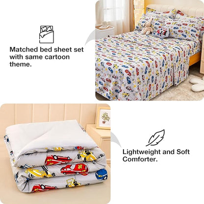 Mooreeke Queen Size Comforter Sets for Boys Kids, 8 Pieces Bed in a Bag Racing Car Bedding Comforter Sheet Set with Shams and Decorative Toy Pillow, Ultral Soft Microfiber Kids Bed Set - LeafyLoom