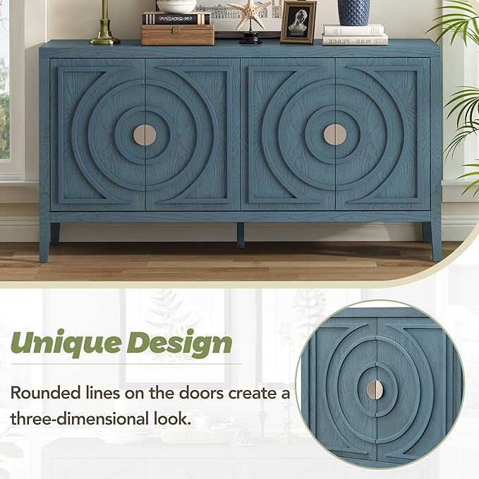 Retro Sideboard with Circular Groove Design Round Metal Door Handle,Wooden Buffet Cabinet,W/Adjustable Shelves & Open Countertop,for Entrance Living Dinning Room,Antique Blue, 60" - LeafyLoom