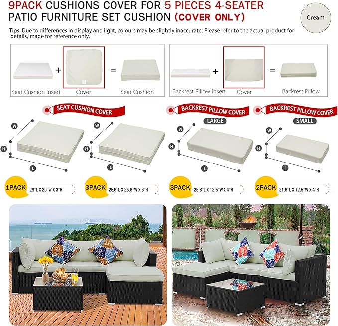 ClawsCover 9Pack Outdoor Seat and Back Cushions Replacement Covers Fit for 5 Pieces 4-Seater Wicker Rattan Furniture Patio Conversation Set Sectional Couch,Cream-Include Cover Only (Large) - LeafyLoom