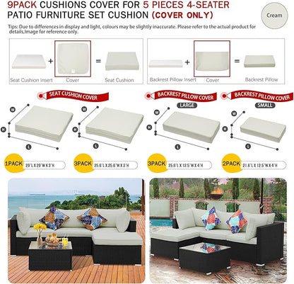 ClawsCover 9Pack Outdoor Seat and Back Cushions Replacement Covers Fit for 5 Pieces 4-Seater Wicker Rattan Furniture Patio Conversation Set Sectional Couch,Cream-Include Cover Only (Large) - LeafyLoom