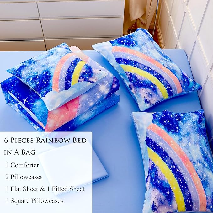 6Pcs Rainbow Bluey Girls Comforter Set Twin Gradient Glitter Bedding Sets Tie Dye Blue Girl Bed Set Soft Galaxy Kids Bed in A Bag with Sheets for All Season - LeafyLoom