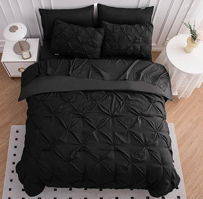 LANE LINEN California King Comforter Set, 7 Piece Cal King Bed in a Bag, Pintuck Cal King Bedding Set, Soft Cali King Bed Set, Cal King Bedding Comforter Sets with Sheets, Pillowcases & Shams - Black - LeafyLoom