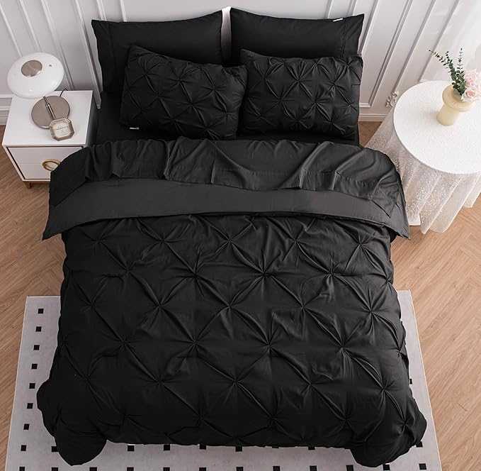 LANE LINEN King Size Comforter Set with Sheets, Complete 7 Piece King Comforter Set, Pintuck King Size Bedding Set, Soft King Size Bed in a Bag Set, Premium King Bed Set, Pillowcases & Shams - Black - LeafyLoom