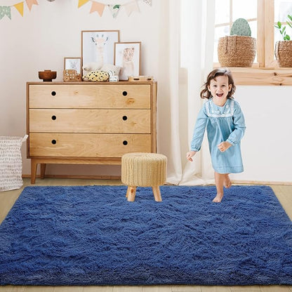 Super Soft Fluffy Shaggy Rugs for Living Room Bedroom, Fuzzy Plush Area Rugs for Girls Kids Room Nursery Home Decor, Furry Dorm Rug Cute Non-Slip Indoor Floor Carpet 5x8 Feet, Navy Blue - LeafyLoom