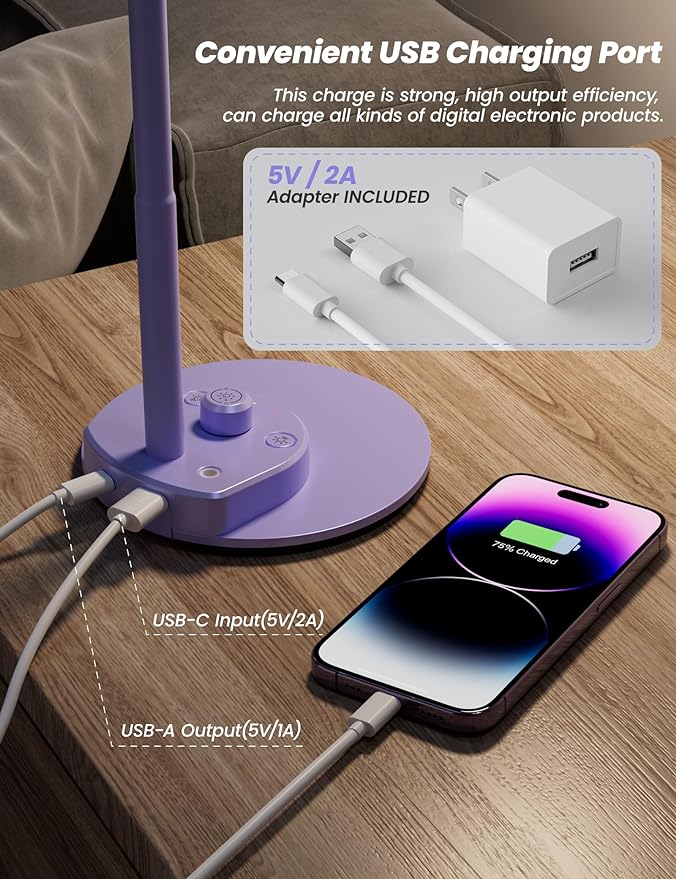 BOHON LED Desk Lamp with USB Charging Port, 3 Color Modes Fully Dimmable Reading Lamp, Auto Dimming Task Lamp, Flexible Gooseneck Table Light for Office Dorm Bedside, Adapter Include, Lilac Purple - LeafyLoom