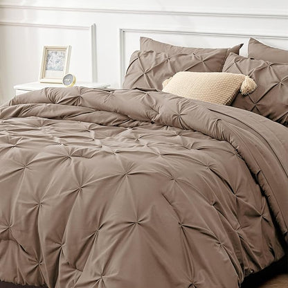 Bedsure Brown Comforter Set Queen - Bed in a Bag Queen 7 Pieces, Pintuck Beddding Sets Brown Bed Set with Comforter, Sheets, Pillowcases & Shams - LeafyLoom