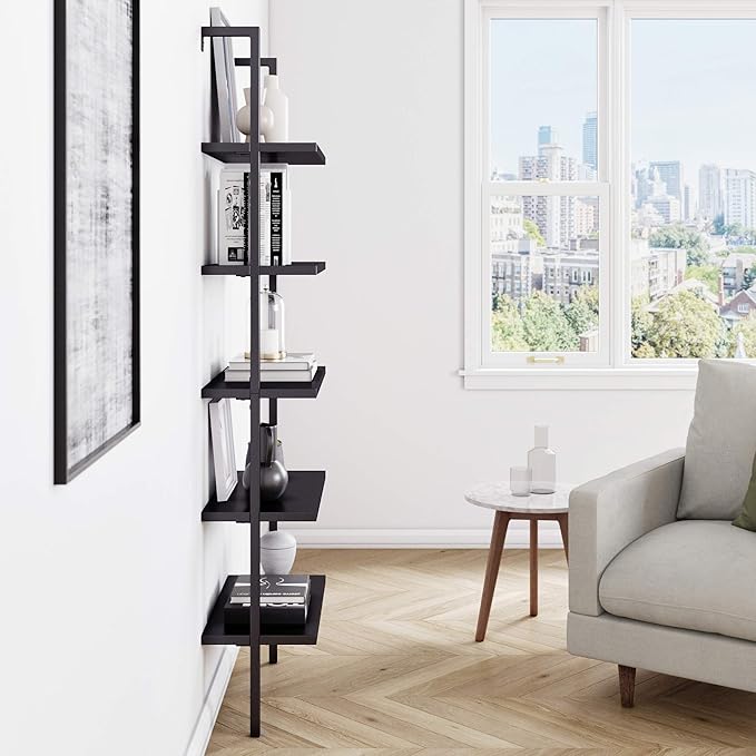 Nathan James Theo 5-Shelf Black Modern Bookcase, Open Wall Mount Ladder Bookshelf with Industrial Metal Frame - LeafyLoom