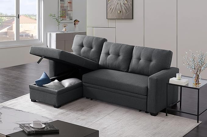 RITSU Reversible Storage Sectional Sofa, Linen Tufted Cushion Chaise Lounge, Multifunctional Seat with Pull Out Bed, Living Room Triple Couch, Grey, 82 inch, Dark Gray - LeafyLoom