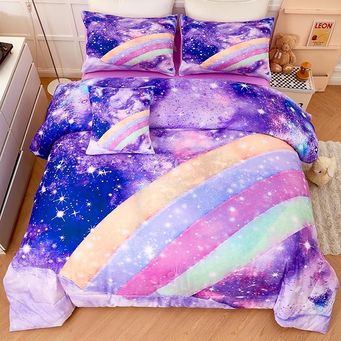 6Pcs Purple Rainbow Twin Size Bedding Set for Girls Gradient Glitter Kids Comforter Sets Tie Dye Girls Bed Set Sparkle Galaxy Bed in A Bag with Sheets - LeafyLoom