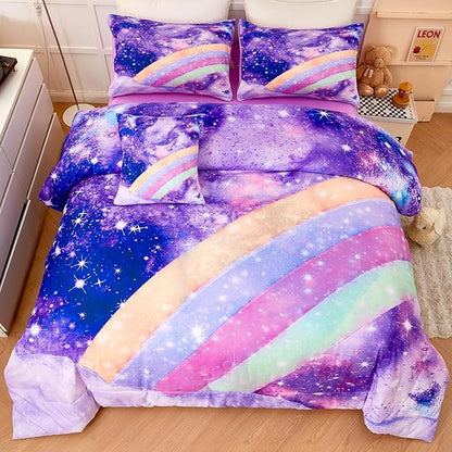 6Pcs Purple Rainbow Twin Size Bedding Set for Girls Gradient Glitter Kids Comforter Sets Tie Dye Girls Bed Set Sparkle Galaxy Bed in A Bag with Sheets - LeafyLoom