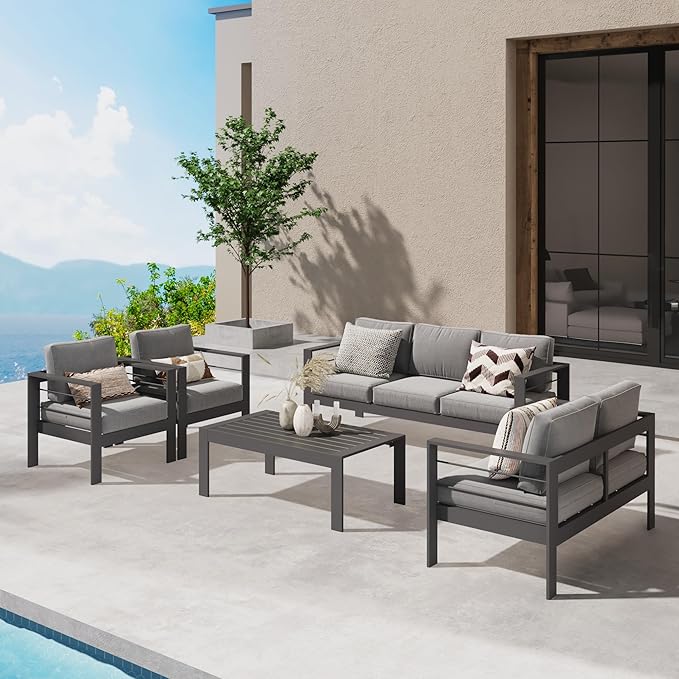 Wisteria Lane Aluminum Outdoor Patio Furniture Set, Modern Patio Conversation Sets, Outdoor Sectional Metal Sofa with 5 Inch Cushion and Coffee Table for Balcony, Garden, Dark Grey - LeafyLoom