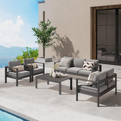 Wisteria Lane Aluminum Outdoor Patio Furniture Set, Modern Patio Conversation Sets, Outdoor Sectional Metal Sofa with 5 Inch Cushion and Coffee Table for Balcony, Garden, Dark Grey - LeafyLoom