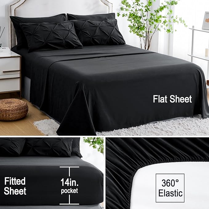 Ubauba 7pc Full Size Comforter Set with Sheets, Pinched Pleat 7 Piece Bed in a Bag Black Bed Set with Comforter, All Season Pintuck Bedding Sets (Black,Full) - LeafyLoom