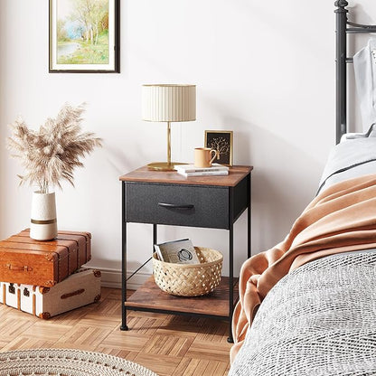 WLIVE Night Stand, Side Table with Fabric Storage Drawer, Small Nightstand, Bedside Table End Table for Bedroom, Dorm, Open Wood Shelf, Steel Frame, Black and Rustic Brown - LeafyLoom