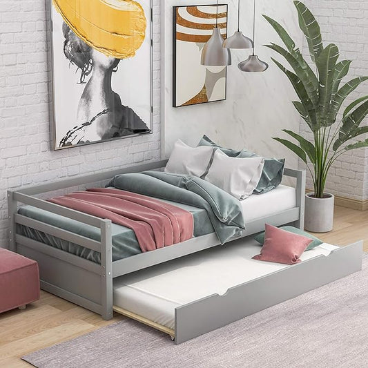 Twin Size Daybed with Hideaway Trundle,Multifunction Solid Wood Bed Frame,W/Wooden Slat Support and Guardrails,No Box Spring Needed,for Bedroom Children Room,Gray - LeafyLoom