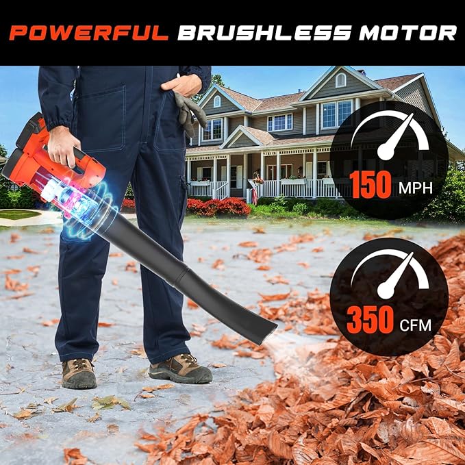 MJF Cordless Leaf Blower, 150MPH, 350CFM, 20V Brushless Motor, 2x2000mAh Batteries and Fast Charger, Lightweight, Electric Blower for Lawn Care, Yard Cleaning - LeafyLoom