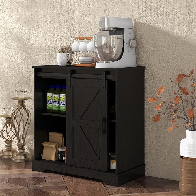 Panana Sliding Barn Door Buffet Sideboard Storage Cabinet Coffee Bar Kitchen Farmhouse Style (Black) - LeafyLoom