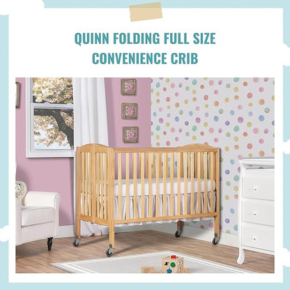 Folding Full Size Convenience Crib In Natural, Two Adjustable Mattress Height Positions, Comes With Heavy Duty Locking Wheels, Flat Folding - LeafyLoom