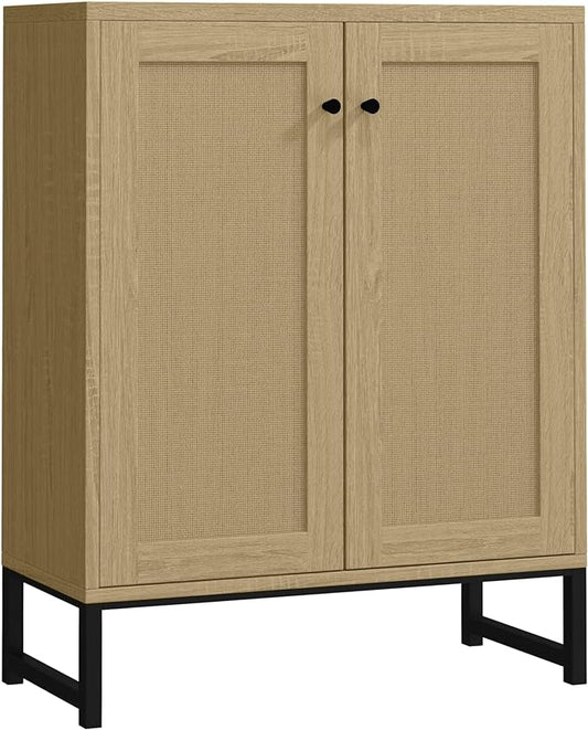 Panana Rattan Decorated 2 Doors Storage Cabinet Accent Cabinet Living Room Cupboard Kitchen Sideboard Buffet Table (Natural) - LeafyLoom