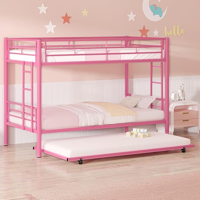 VECELO Twin Over Twin Bunk Bed with Trundle, Metal Bunkbeds with Ladder and Full-Length Guardrail, Noise Free, No Box Spring Needed, Pink - LeafyLoom