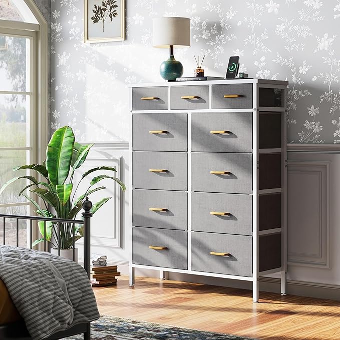 AODK Dresser with Charging Station, 52 Inches Tall Dresser for Bedroom with 11 Storage Drawers, Large Fabric Dressers for Living Room, Hallway, Light Grey - LeafyLoom