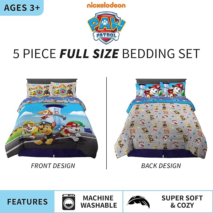 Franco Paw Patrol Kids Bedding Super Soft Comforter And Sheet Set, 5 Piece Full Size, (Official) Nickelodeon, 39 x 75 Inch - LeafyLoom