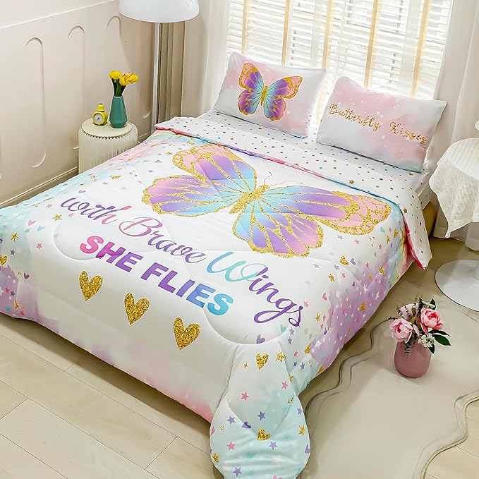 Twin Size Comforter Set for Girls, 5-Piece Bed in a Bag, 3D Colorful Butterfly Bedding Comforter Sheet Set, Ultra Soft and Fluffy, Pink & Rainbow Color - LeafyLoom