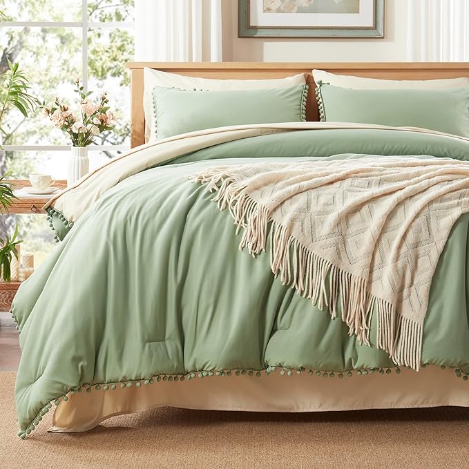 Anluoer Queen Comforter Set 7 Piece, Sage Green Bed in a Bag with Sheets, Pom Pom Boho Bedding Comforter Sets with 1 Comforter, 2 Pillow Shams, 2 Pillowcases, 1 Flat Sheet, 1 Fitted Sheet - LeafyLoom