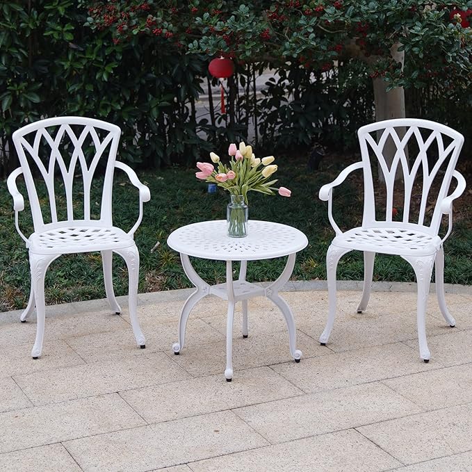 Jardin DE CENTENNAIL 3-Piece Outdoor Bistro Set Cast Aluminum Rust-Resistant Patio Furniture Armchairs Design (White) - LeafyLoom