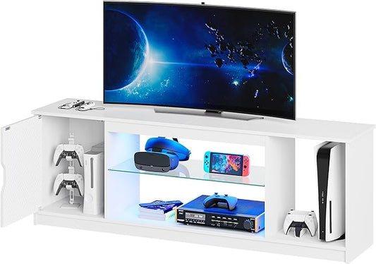 Bestier Gaming TV Stand with Removable Glass Shelves for 55/60/65 Inch TV,Led Entertainment Center & 22 Dynamic RGB Modes for PS5 PS4,Modern TV Console for Living Room Bedroom Carbon Fiber White - LeafyLoom