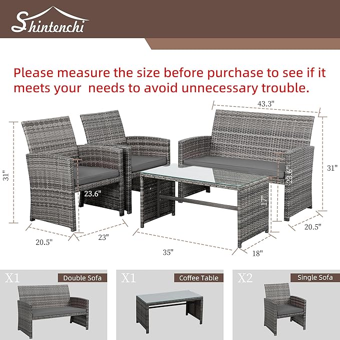 Shintenchi 4-Piece Outdoor Gray Wicker Patio Conversation Furniture Set, Rattan Patio Furniture Set with Weather Resistant Cushions and Tempered Glass Tabletop,Grey - LeafyLoom