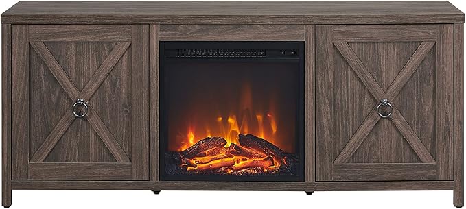 Henn&Hart Rectangular TV Stand with Log Fireplace for TV's up to 65" in Alder Brown, Electric Fireplace TV Stands for the Living Room - LeafyLoom