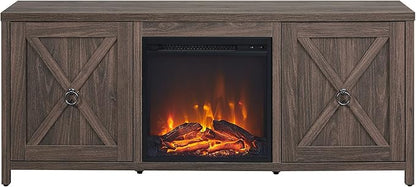 Henn&Hart Rectangular TV Stand with Log Fireplace for TV's up to 65" in Alder Brown, Electric Fireplace TV Stands for the Living Room - LeafyLoom