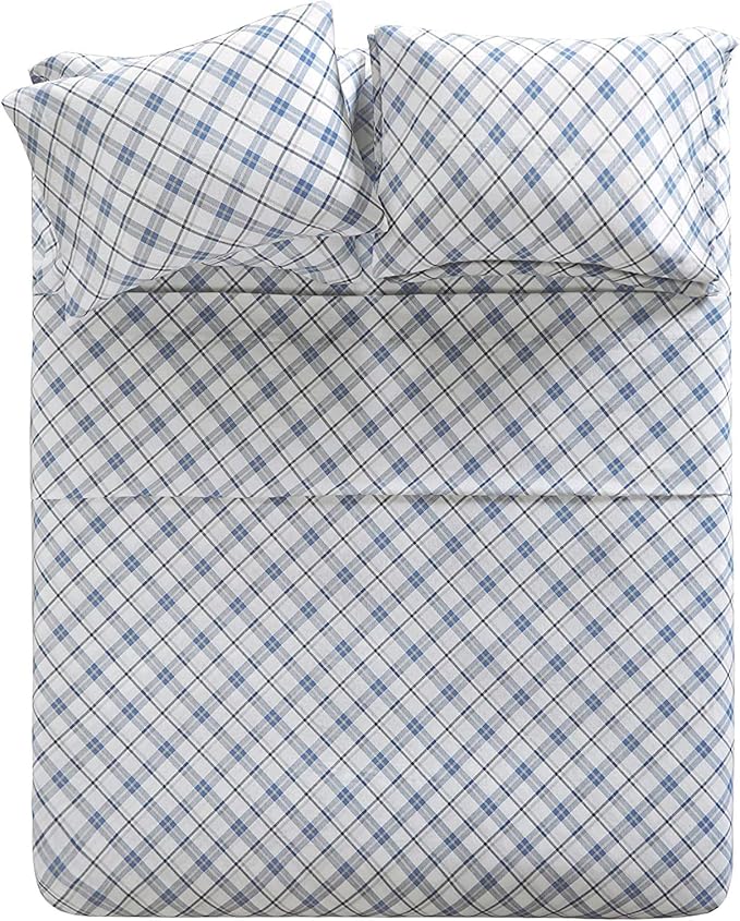 Comfort Spaces Cotton Flannel Breathable Warm Deep Pocket Sheets with Pillow Case Bedding, Cal King, Blue Plaid 4 Piece - LeafyLoom