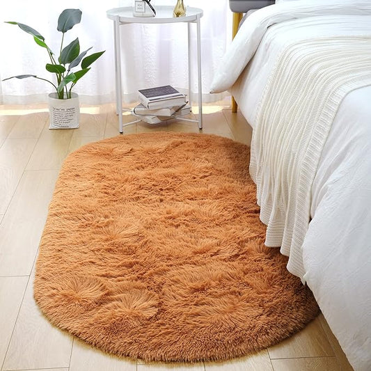 Merelax Soft Shaggy Rug for Kids Bedroom Oval 2.6'x5.3' Khaki Plush Fluffy Carpet for Living Room, Furry Carpet for Teen Girls Room, Anti-skid Fuzzy Comfy Rug for Nursery Decor Cute Baby Play Mat - LeafyLoom