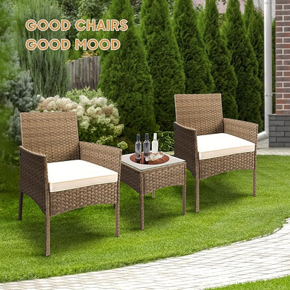 YIYAN 3 Pieces Patio Bistro Set Outdoor Wicker Furniture Outdoor Porch PE Rattan Wicker Chairs Furniture Sets with Sofa Chairs,Glass Coffee Table and White Washable Cushion - LeafyLoom