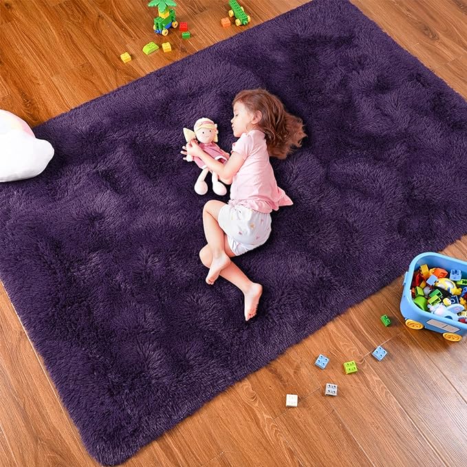 Softlife Ultra Soft Fluffy Area Rugs for Bedroom, Girls and Boys Room Kids Room Nursery Rug, 3 x 5 Feet Shaggy Fur Indoor Plush Modern Floor Carpet for Living Room Christmas Decor, Dark Purple - LeafyLoom