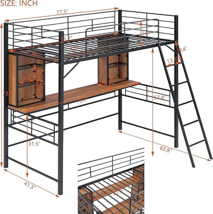 RITSU Twin Size Loft Bed with Desk and Storage Shelves, Metal BedFrame,w/Ladder & Fenced Around Guardrails, Easy Assembly, for Adults, Kids, Teens, Black - LeafyLoom