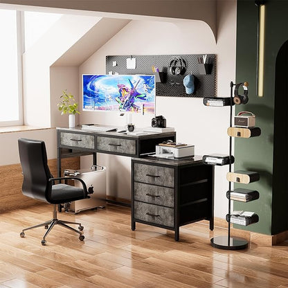 Unikito Computer Desk with 5 Drawers, Reversible Home Office Desk with Power Outlets, Sturdy Writing Desk with File Cabinet and Printer Stand, Vanity Desk with Storage for Small Space, Black Oak - LeafyLoom