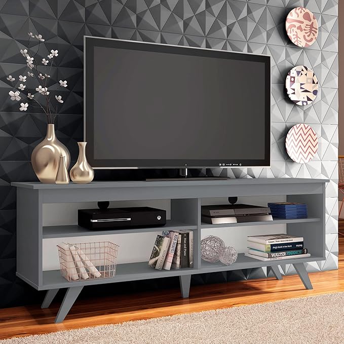 Madesa TV Stand with 4 Shelves and Cable Management, Entertainment Center for TVs up to 65 Inches, Wood, 23'' H x 15'' D x 59'' L – Grey - LeafyLoom